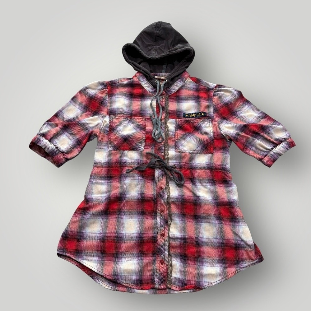 Free People Shirt Womens 6 Red Plaid Flannel Hooded Drawstring Bldg 15